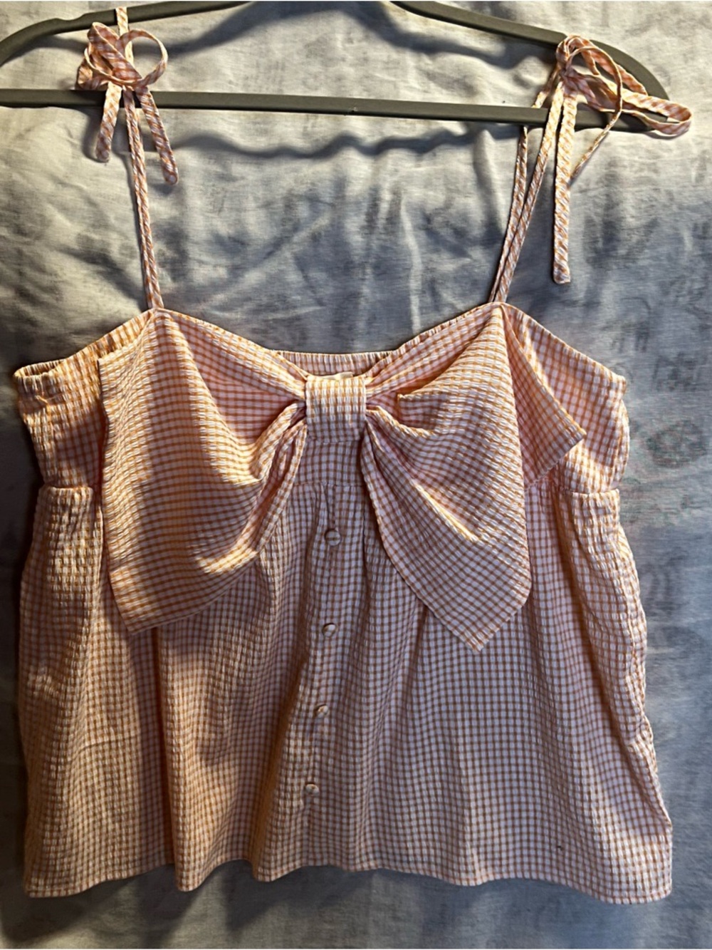 ODDY Pink Gingham Tie-Shoulder Bow Front Women’s Top